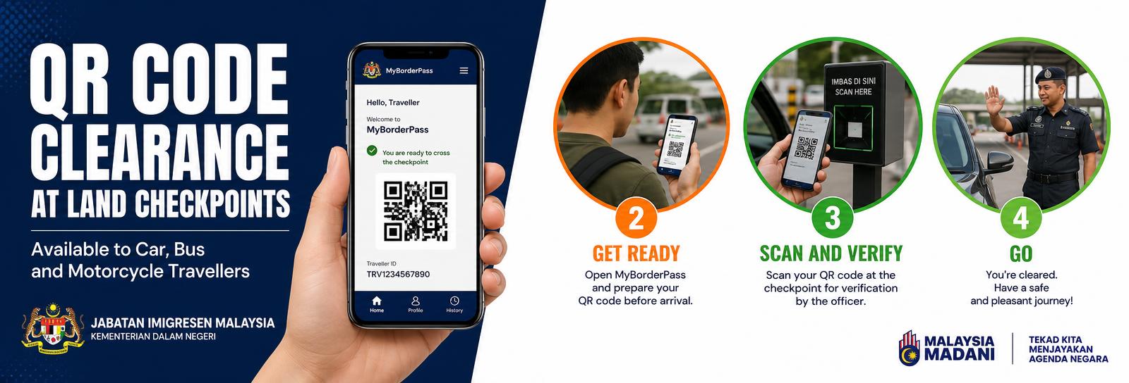 QR code clearance at land checkpoints, available to car, bus and motorcycle travellers